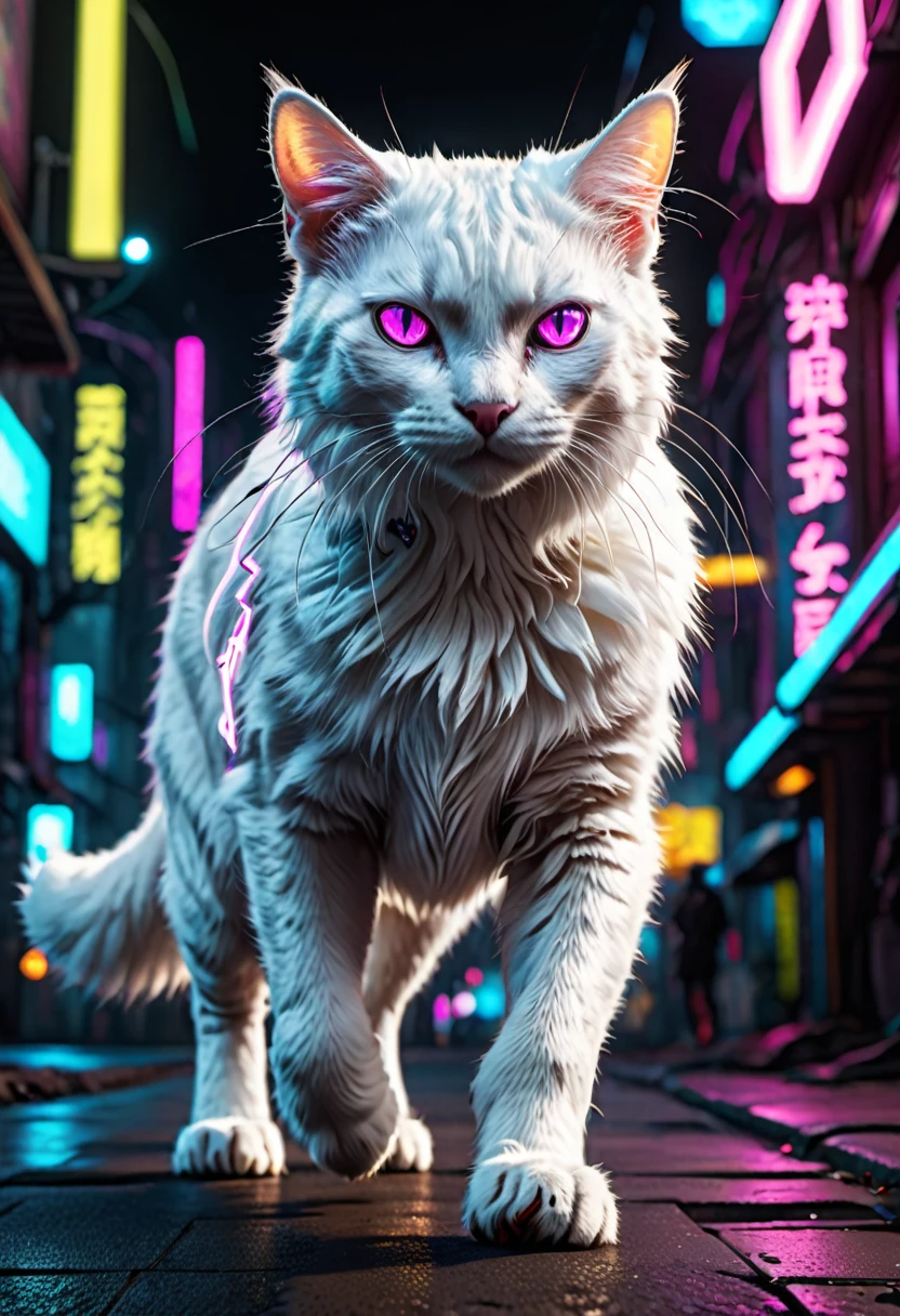 photograph, High quality, Extremely detailed, ((Realistic)), A cyberpunk white cat is walking, ((furry)), neon, High resolution, brighting eyes, ((full body)), Cinematic shots, Dramatic lighting