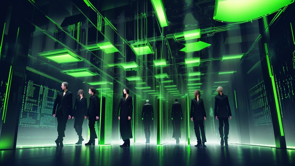 matrix style, matrix glowing cascading code, an all-glass tunnel of soft light, dark background