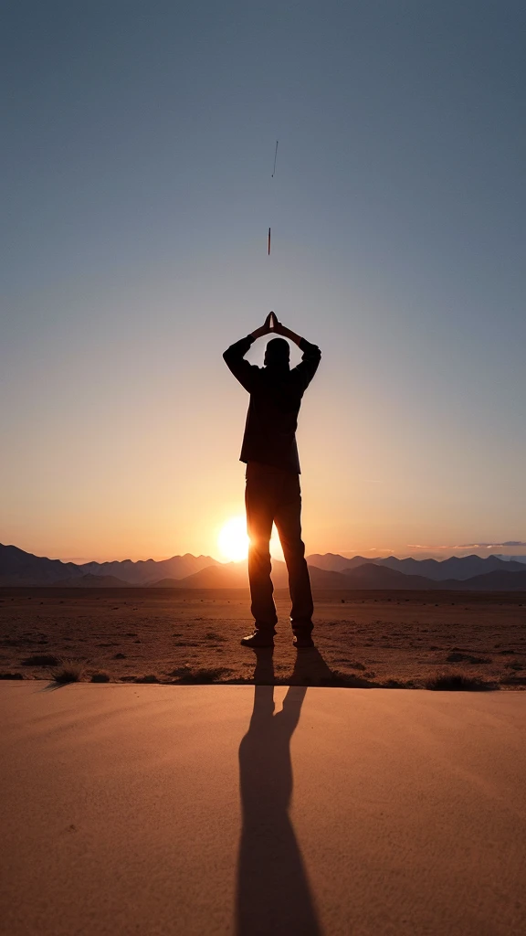 Show a Muslim individual standing tall in the middle of a vast and barren desert. Around it there are several date palm trees that are thin and dry, reflecting the drought and hardship of life. The individual appears to be in a state of surrender, with hands raised to the sky in prayer. In the background, you can see the silhouettes of towering mountains and the orange-red evening sky. "The shadow of the setting sun creates a dramatic effect, telling about resilience and spiritual strength amidst life's difficulties, in accordance with the meaning of 'Al-Mufashshal' in a religious context."