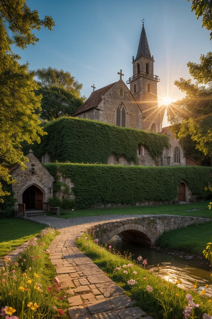 A medieval church surrounded by a flower valley, a cobblestone path and a wooden bridge crossing a river at sunset, sea view. Sunset with sun rays, lots of light and shadow in harmony.