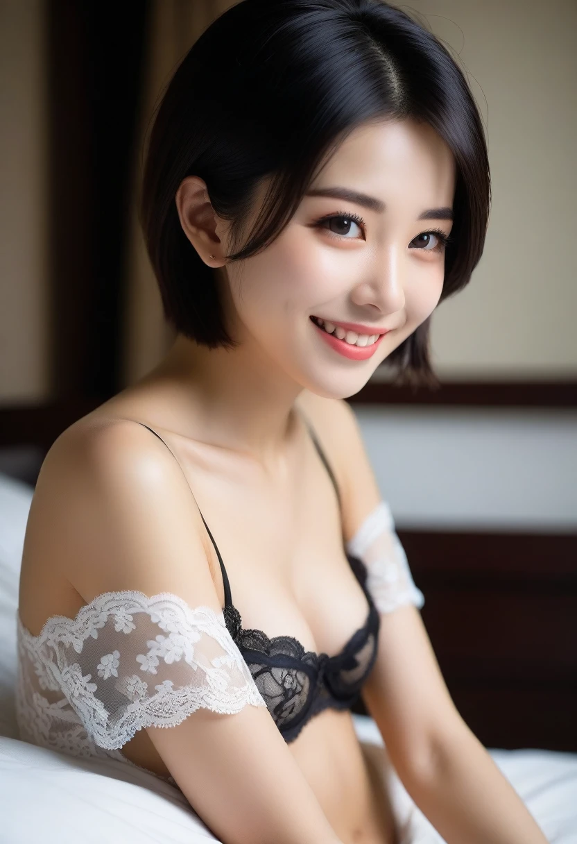 8K, Ultra-high resolution, Highest quality, masterpiece, 三分割法によるphotograph,Surreal, photograph, 1 Girl, (:1.3), pretty girl, Cute face, Beautiful eyes in every detail, 細かくdetailedに,masterpiece,, One Girl:1.2, Japan Female Announcer,whole body,Young Wife,Hotel room,Lying in bed,profile, Nice views ,Side view, Black lace see-through underwear,A carefree smile,Heal the heart,Black Hair,Short Bob,Looking at the audience、beauty,Long neck、Laugh a little、Please close your mouth and laugh、(((Ideal body type))),A cup small breasts :2,、Portraiture:2、Perfect Anatomy、鮮明なdetailed、detailed、Surreal、Light and shadow,Strong light