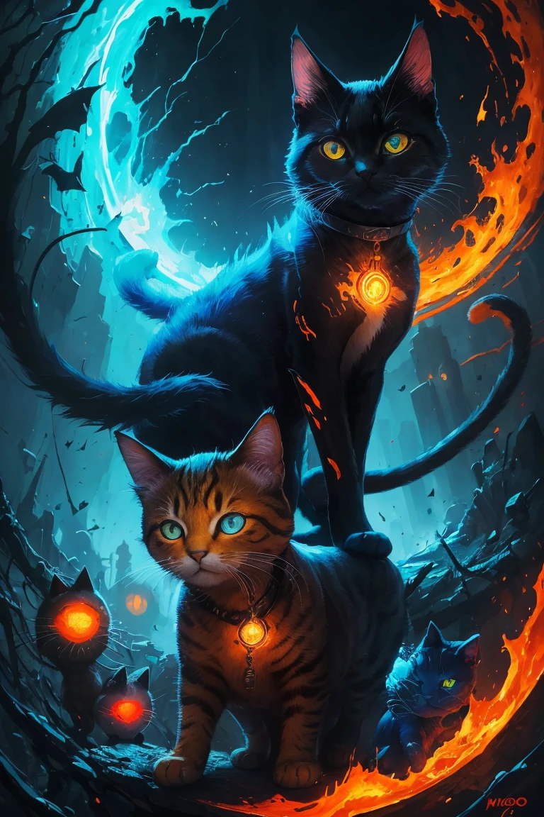 painting of a cat with bright blue eyes and a red tail, neko, cat from the void, demon cat, nekro iii, yellow - orange eyes, a painting of a cat, nekro, with glowing yellow eyes, cyborg kitten, orange cat, nekro xiii, oil painting of cat witch, painting of a cat, cat. digital painting