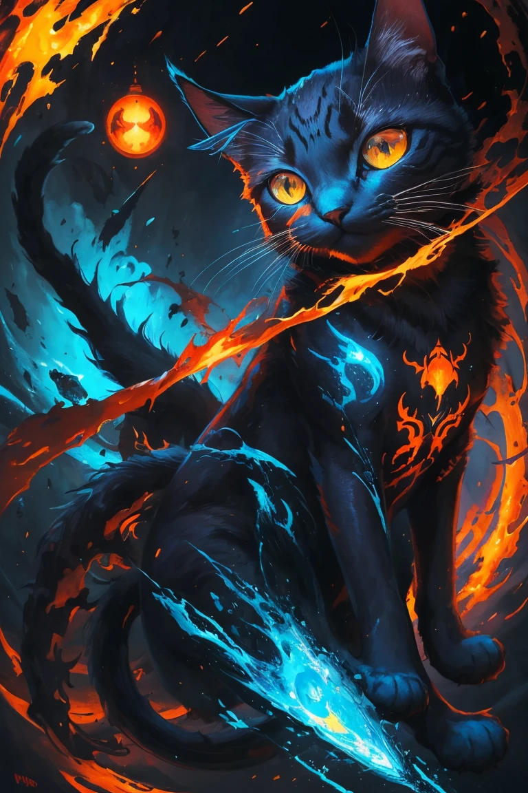 painting of a cat with bright blue eyes and a red tail, neko, cat from the void, demon cat, nekro iii, yellow - orange eyes, a painting of a cat, nekro, with glowing yellow eyes, cyborg kitten, orange cat, nekro xiii, oil painting of cat witch, painting of a cat, cat. digital painting