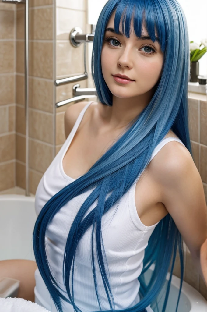 Adult girl Have long Blue hair in in bath