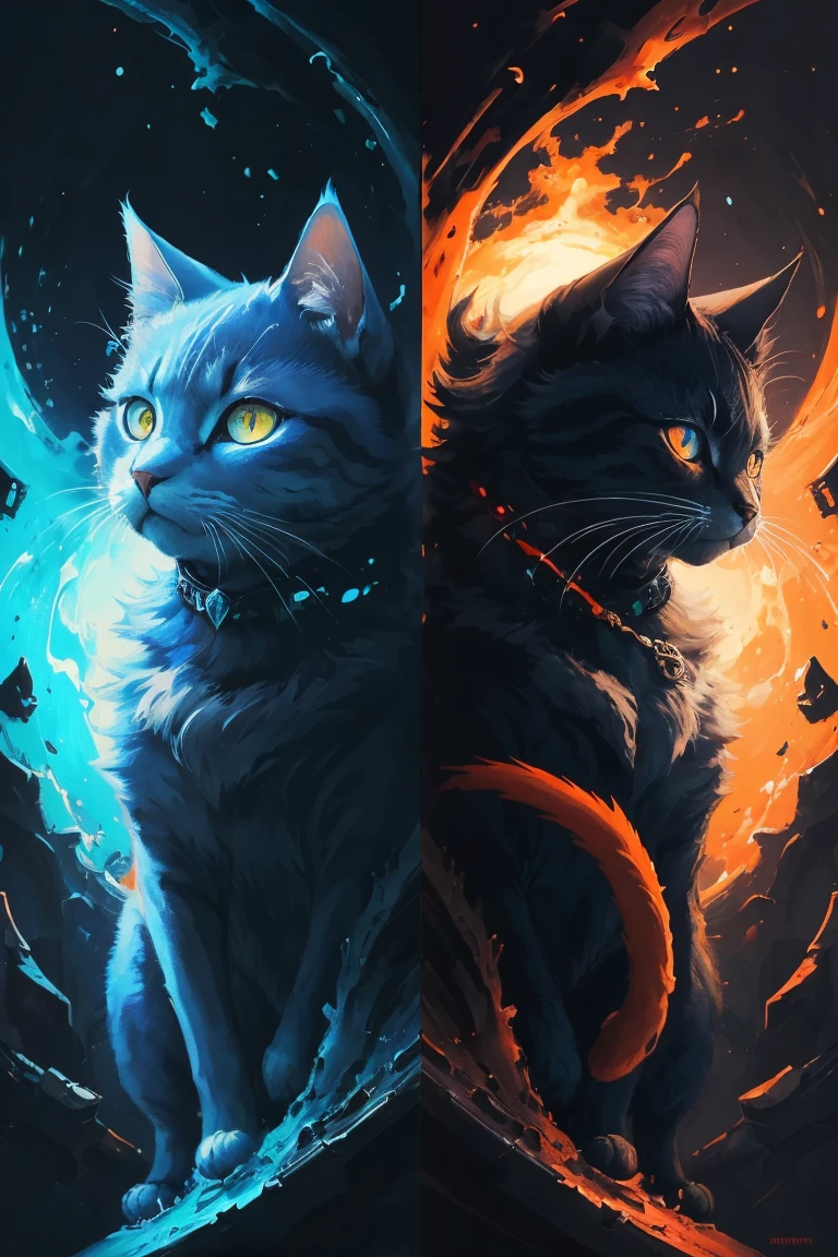 painting of a cat with bright blue eyes and a red tail, a digital painting inspired by Yoshio Markino, pixiv contest winner, furry art, neko, cat from the void, demon cat, nekro iii, yellow - orange eyes, a painting of a cat, nekro, with glowing yellow eyes, nekro xiii, orange cat