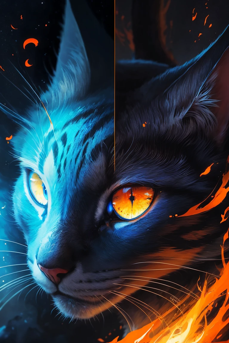 painting of a cat with bright blue eyes and a red tail, a digital painting inspired by Yoshio Markino, pixiv contest winner, furry art, neko, cat from the void, demon cat, nekro iii, yellow - orange eyes, a painting of a cat, nekro, with glowing yellow eyes, nekro xiii, orange cat