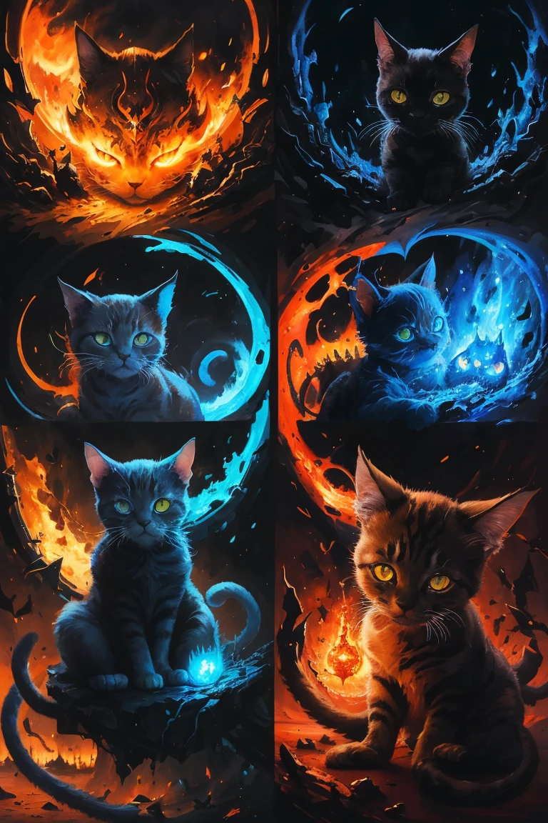 painting of a cat with bright blue eyes and a red tail, neko, cat from the void, demon cat, nekro iii, yellow - orange eyes, a painting of a cat, nekro, with glowing yellow eyes, cyborg kitten, orange cat, nekro xiii, oil painting of cat witch, painting of a cat, cat. digital painting