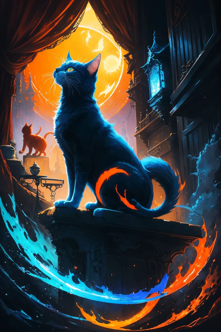 painting of a cat with bright blue eyes and a red tail, a digital painting inspired by Yoshio Markino, pixiv contest winner, furry art, neko, cat from the void, demon cat, nekro iii, yellow - orange eyes, a painting of a cat, nekro, with glowing yellow eyes, nekro xiii, orange cat