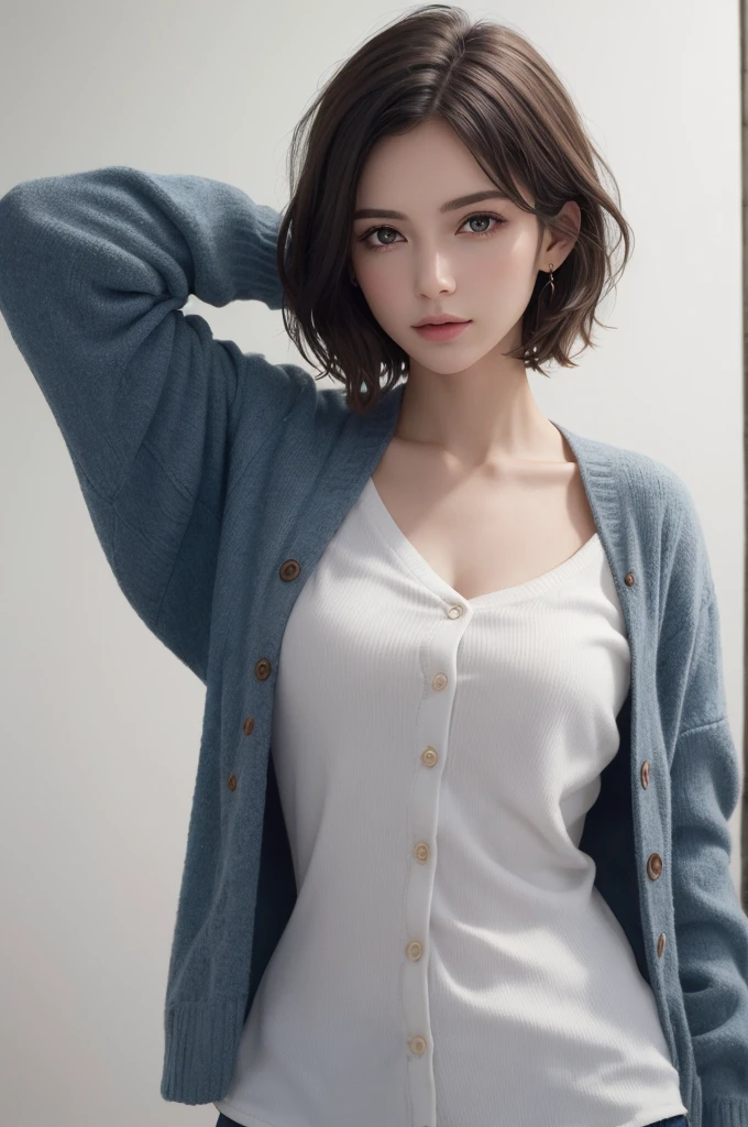 8K Ultra HD、RAWphotograph、モデルphotograph撮影、 European Fashion、(masterpiece、Highest quality、Realistic、High resolution、photograph:1.3)、close、focus on、Hot Model、slim、30 year old mature woman、Small face、No makeup、short hair、Beautiful dark brown Hayne eyes、Genuineスキン、(Perfect body)、Sexy hot face、erotic、sexual sight、slim、cardigan、Long sleeve、Button up,Beautiful eyes in every detail、Glossy lips、Small breasts、Small breasts、((Bright light、Dynamic Lighting、Genuine、超Genuine、 realism、Genuineなディテール、Cool Beauty、Cool pose、Background white、Plain white background