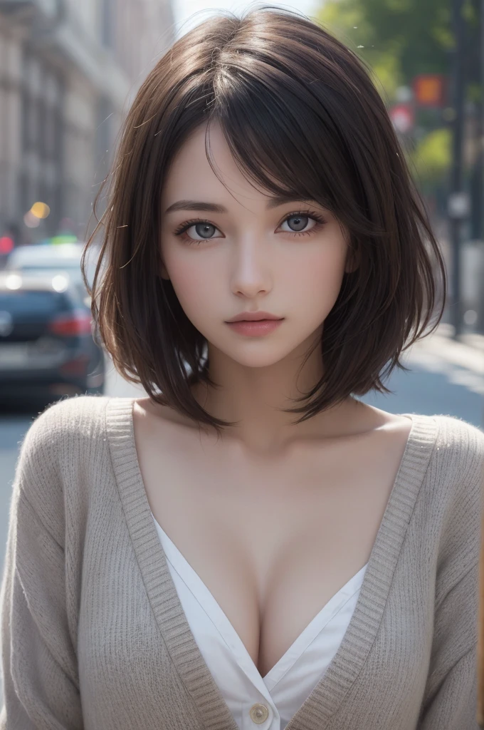 8K Ultra HD、RAWphotograph、モデルphotograph撮影、 European Fashion、(masterpiece、Highest quality、Realistic、High resolution、photograph:1.3)、close、focus on、Hot Model、slim、30 year old mature woman、Small face、No makeup、short hair、Beautiful dark brown Hayne eyes、Genuineスキン、(Perfect body)、Sexy hot face、erotic、sexual sight、slim、cardigan、Long sleeve、Button up,Beautiful eyes in every detail、Glossy lips、Small breasts、Small breasts、((Bright light、Dynamic Lighting、Genuine、超Genuine、 realism、Genuineなディテール、Cool Beauty、Cool pose、Background white、Plain white background