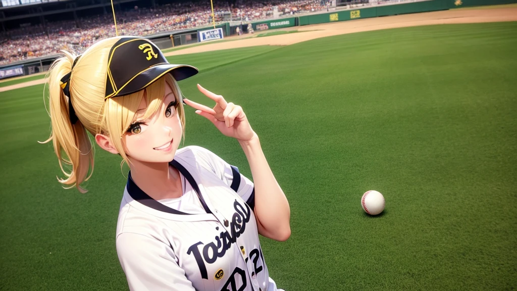 A beautiful courtesan is playing baseball at Koshien Stadium。Sexy smile、Blonde ponytail、Hanshin Tigers uniform