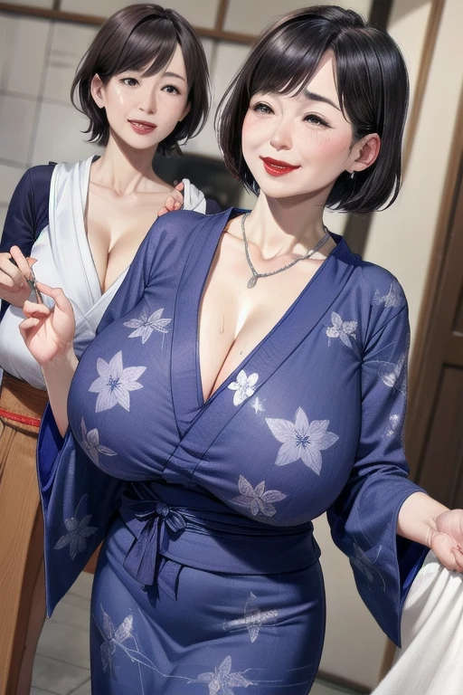 8K,Mature and beautiful 55 year old Japanese woman,Married women,,Fine Lines,Long eyelashes,Sparkling eyes,Bob Haircut,Red lipstick, Big Breasts, ((Huge breasts)), Cleavage, Pearl Necklace, Just got out of the bath, yukata, Functional, joy, Eros