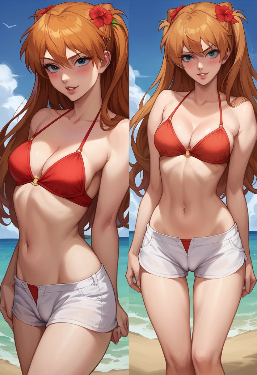 score_9, score_8_up, score_8_up, source_anime BREAK 1girl, solo, Asuka Langley Soryu, hair flower, hair ornament, flowing hair, cleavage, red bikini, white shorts, beach, outdoors, parted lips, naughty face, blush, looking at viewer, model poses, cameltoe.