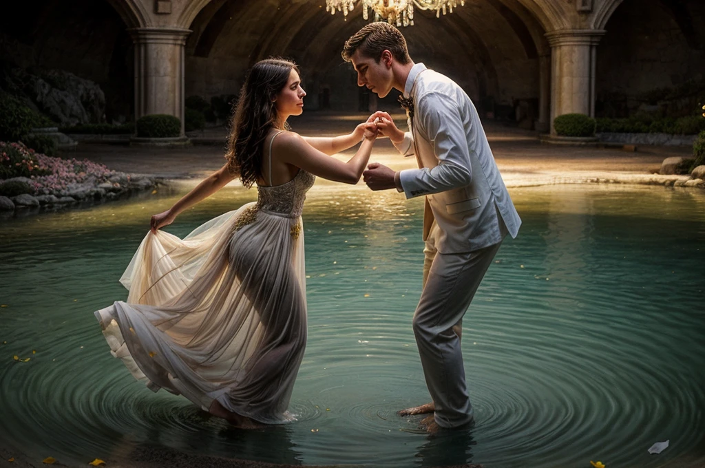a young white male and young female dressed in formal clothes, dancing waltz in shallow water of a grotto, candles, flower petals, intimate, romantic mood, beautiful detailed eyes, beautiful detailed lips, extremely detailed eyes and face, longeyelashes, elegant ballroom dance, intricate dress, flowing dress, water ripples, mist, dramatic lighting, moody lighting, warm colors, golden hour, soft focus, photorealistic, highly detailed, masterpiece