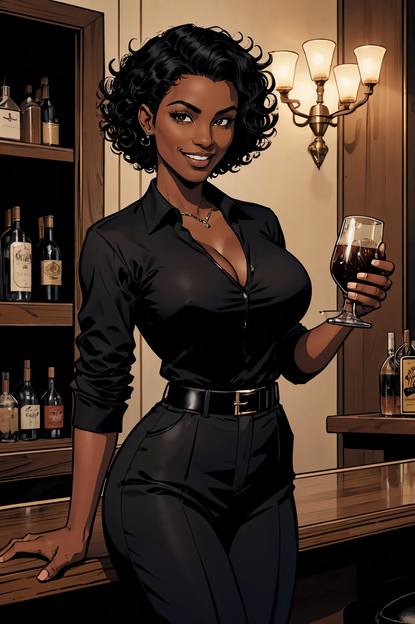 Cardinal, a gorgeous bartender woman with (dark skin, short curly black hair) wearing a black polo, tight slacks. Athletic, huge breasts, wide hips. Short curly black hair, mixing a drink. Smiling. Confident. At a high-end bar, luxury hotel. cleavage.