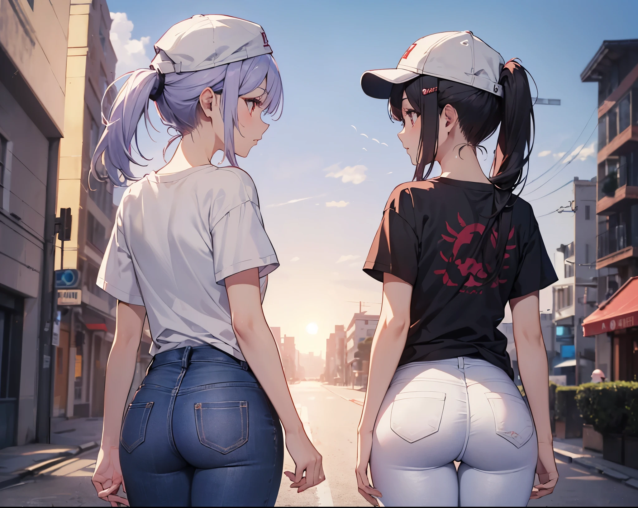 (Close-up:1.3),Realistic,Highest quality, Super detailed, High-quality CG rendering, The most delicate and beautiful, Floating softly, High resolution, (1 girl), (Highest quality,4K,8K,masterpiece:1.2), Light purple hair,(Very long ponytail:1.3),Red eyes,(Pure white oversized short sleeve T-shirt:1.3),(Black skinny jeans:1.3),(Pure white cap:1.3),In the city,old buildings,(Turn your back to your audience:1.3),Butt
