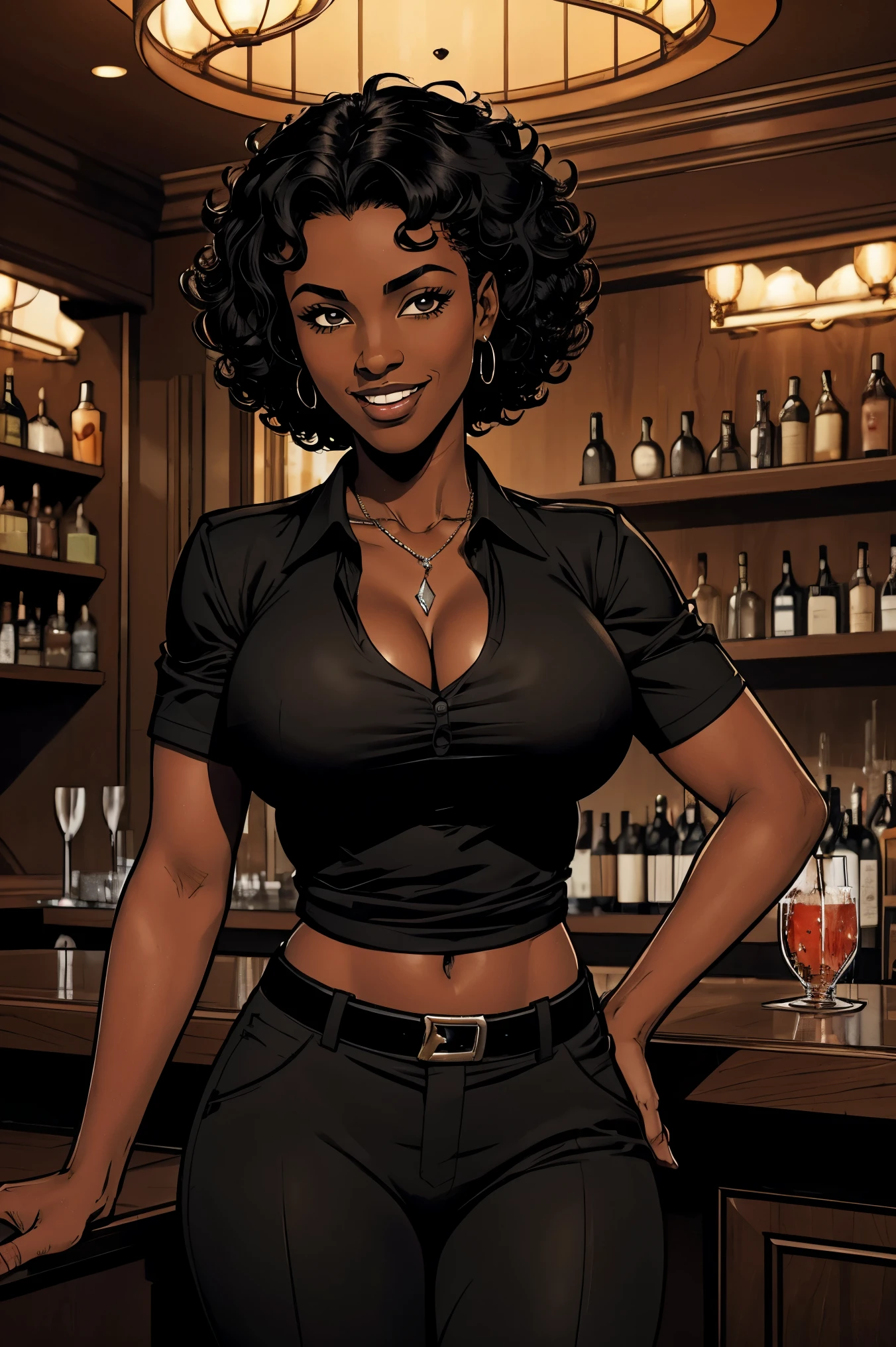 Cardinal, a gorgeous bartender woman with (dark skin, short curly black hair) wearing a black polo, tight slacks. Athletic, huge breasts, wide hips. Short curly black hair, mixing a drink. Smiling. Confident. At a high-end bar, luxury hotel. cleavage.