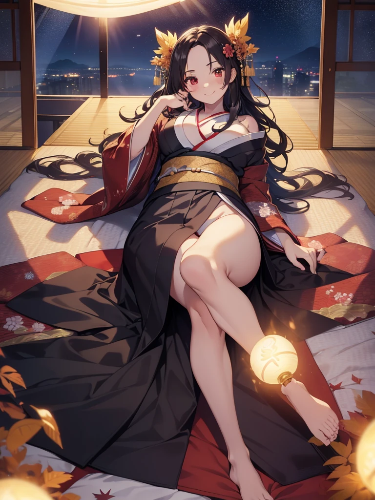(masutepiece,Best Quality,8K),(extremely detailed CG1.1),teens girl,Smile,large boob,(From below:1.2),Intricate details , Hyper realistic, Perfect Anatomy,A dark-haired,Red Eyes,(((Forehead))),Permed hair with wavy hair,(((length hair))),Hair over one eye,hair slicked back,Full body,(((Kimono))),blush,Happy smile,(((Bedroom with night view))),Colored leaves,Lens Flare,Wind,Magnificent view,(chromatic abberation:1.3),Dynamic Angle,Cowboy Shot,Looking at Viewer,Lie down, camel toe,