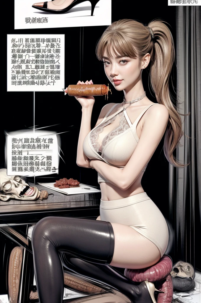 The beautiful girl in lace top and leggings is sitting astride a pile of skeletons in the center of the picture. She is holding a trembling sausage with juice squeezed out in her hand and smiling. There are multiple comic storyboards in the background,cbt, sausage bondage,sausage insertion,Sexy, trampling sausage with heel, thin gap:2,cameltoe:2,(masterpiece, best quality:1.2),1 beautiful girl,sexy,comic storyboard:2, leggings, sit astride, axially symmetrical:2, ,femdom,sounding,cbt,hold,smile,colorful,leggings,thin gap,cameltoe,insertion,trembling,juice,spray, Long hair,Lace top,Sexy, Shiny leggings, High heel,cleveage, trampling, in forest, saliva , Mucus,