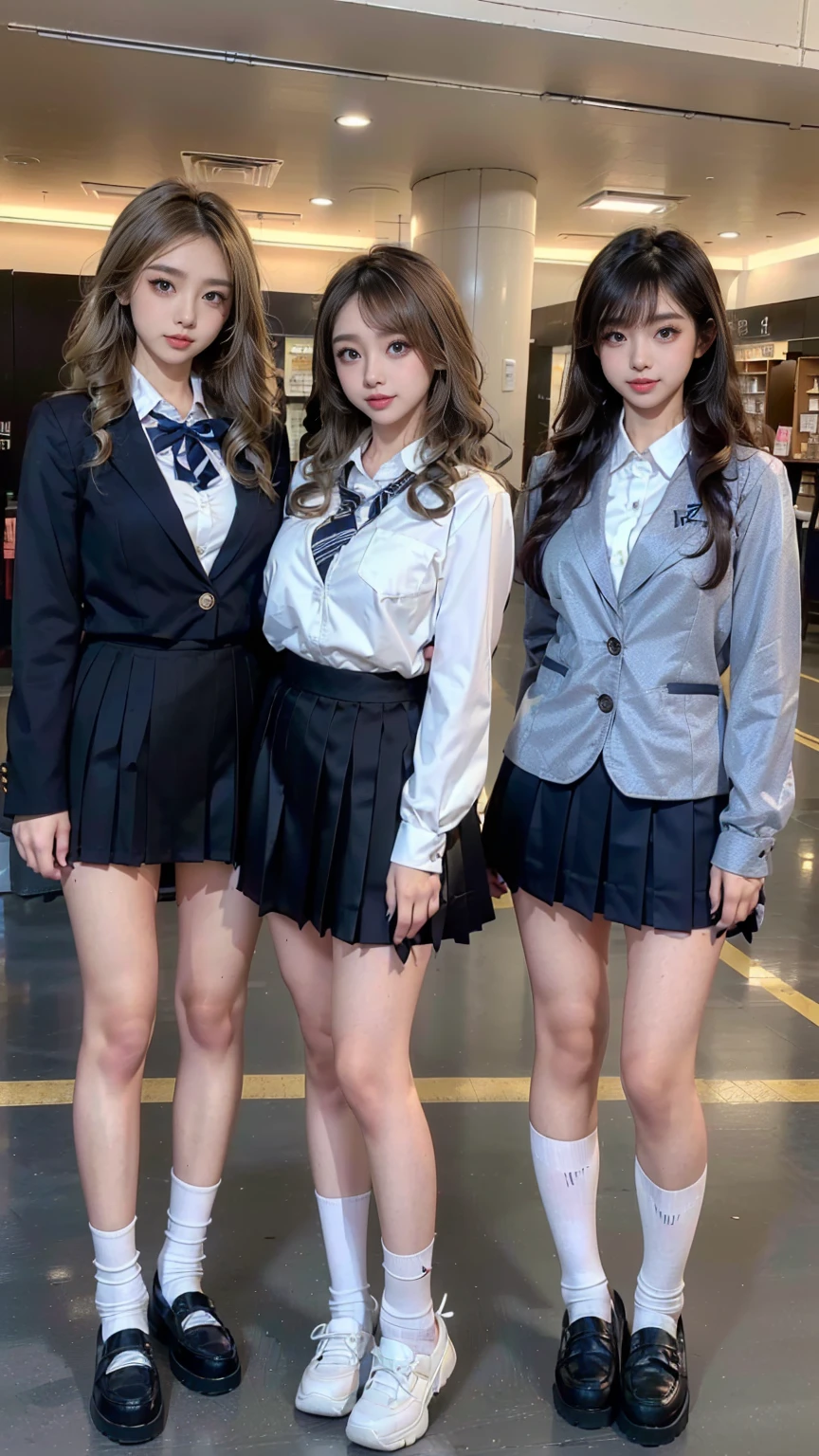 (scene; (Two women:1.8)), Gal, (Two high school girls), (Shopping mall, Shopping Street, street, Outdoor), (Full body portrait, Photograph the whole body, Are standing, Doing sexy poses), (Tall, Thin thighs, Elongated arms and legs, Small waist, Small hips), ((Highly detailed skin), Beautiful realistic face, White skin, Pointed Chest, Perfect Anatomy, Realistic eyes, Natural Eyes, Brown eyes, Accurate eye focus, Accurate limbs), (Hyper Realist, Ultra-realistic, 4K, Attention to detail, Ultra-high resolution, Highest quality, masterpiece, Presence, dynamic, Uplifting, bold, Sharpness), (Big Breasts:1.5), (Cleavage:1.5), (Blonde long hair:1.5, loose wavy long hair:1.5, Loose curly hair:1.5), (sleek bangs), (Twin tail hair), ((White collared shirt, Navy pleated mini skirt, Navy colored socks, Black loafers, Ribbon tie)), High school girl in uniform, Surreal high school girl, tall, High school girls in uniform, smile, Cleavageを強調, (Are standingTwo high school girls:1.8),