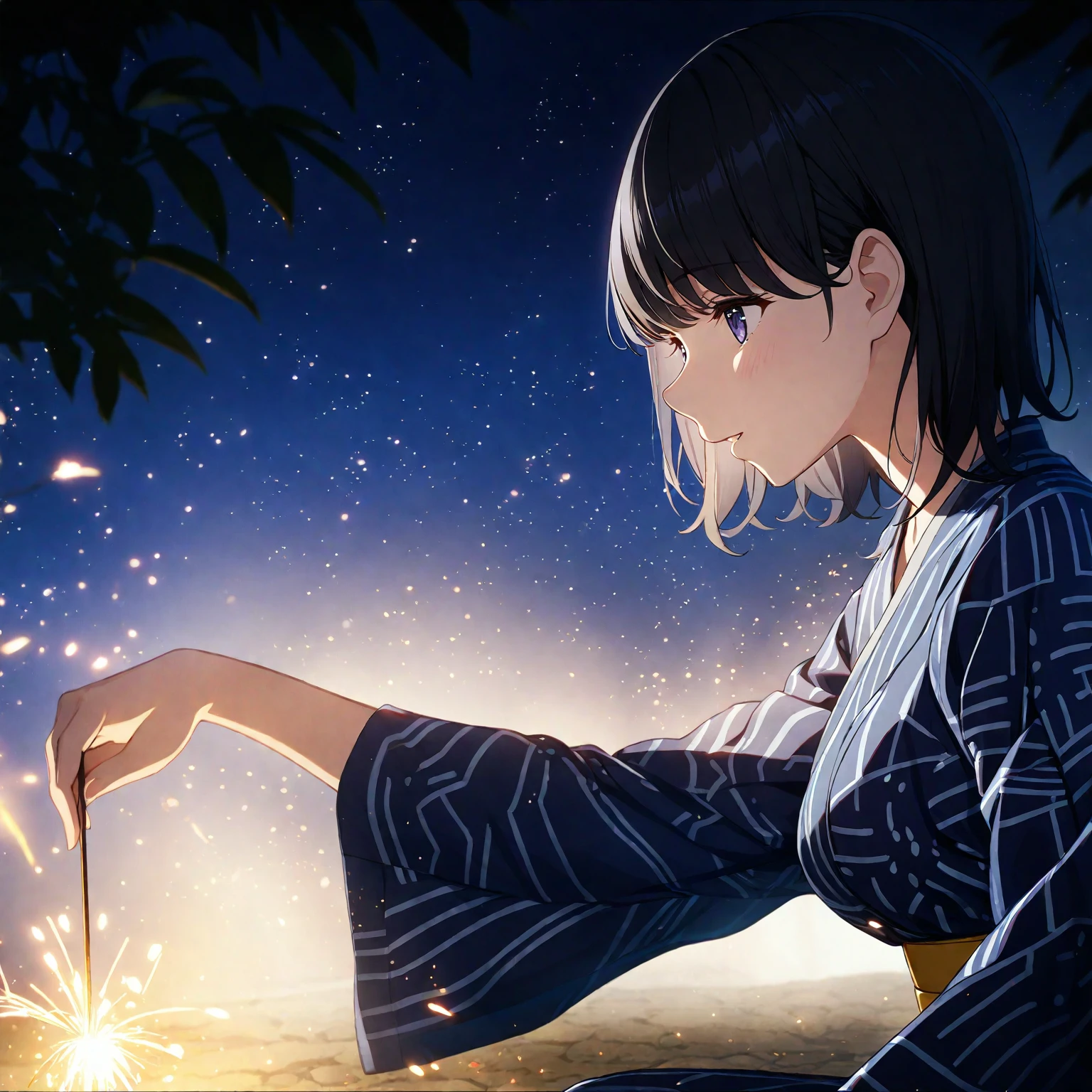 1girl、Black Hair、Indigo yukata、Yellow belt、squat、Sparkler、night、Illuminate the face、少女がしゃがんでSparklerの火を見つめる、deep faint light 、 detailed CG、high resolution