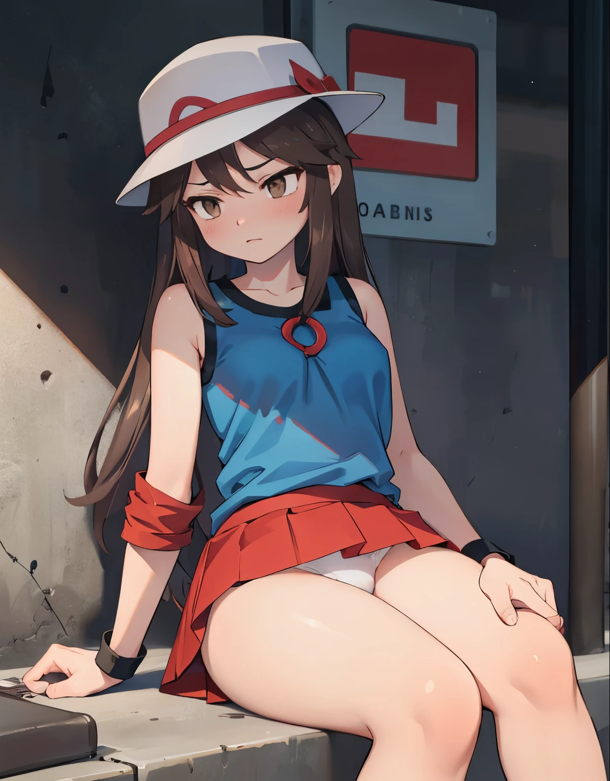 a young woman sitting with legs open at a bus stop, masturbating, fingers in pussy, expression of shame and pleasure, 1trainerleaf1, sleeveless shirt, black wristbands, visible thighs,thick thighs,red skirt,blue shirt, brown eyes, white hat, pantyshot, white panties, lift skirt, detailed face, detailed body, detailed hands, hyper realistic, cinematic lighting, moody atmosphere, muted colors, soft focus, photorealistic, intricate details, dramatic shadows, subtle textures, cinematic composition, emotional expression, captivating mood