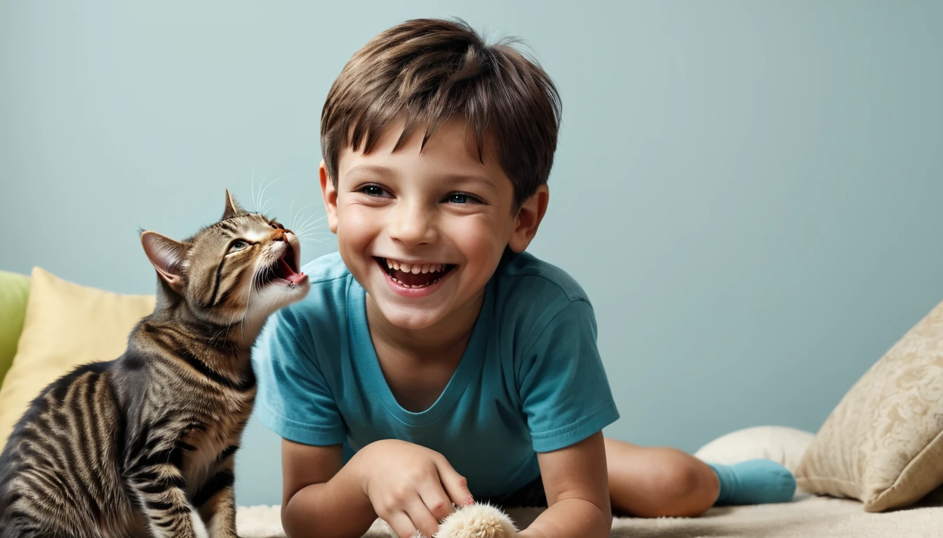 A smiling boy is having fun playing with a cat