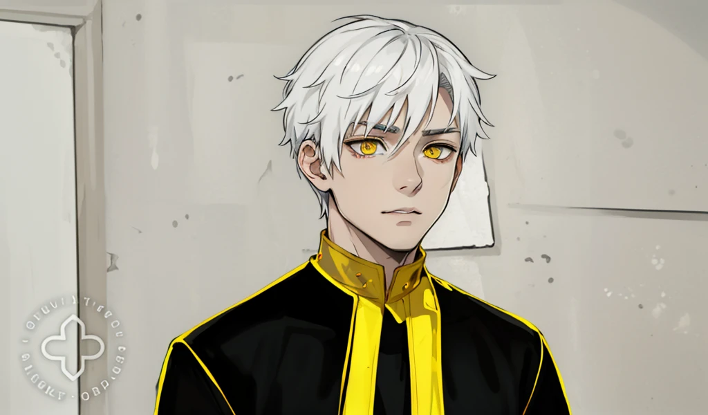 cute slim boy with white hair, light skin, yellow eyes, black clothes from ancient Egypt, he is , he has a gold collar, black clothes with yellow, he is dark, serious, cold, he speaks coldly.