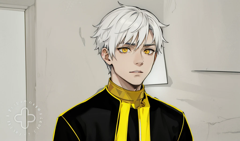 cute slim boy with white hair, light skin, yellow eyes, black clothes from ancient Egypt, he is 17 years old, he has a gold collar, black clothes with yellow, he is dark, serious, cold, he speaks coldly. 