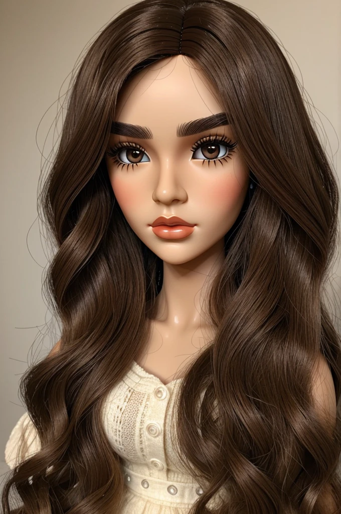 create a doll, with semi-long brown curly hair, thick eyebrows, big black almond eyes with long eyelashes, fine lips, beige skin, cool tones