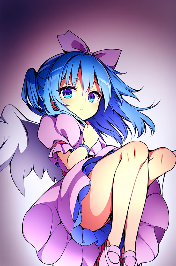 masterpiece, best quality, 1girl, , , , medium blue hair, hair flaps, pink ribbon on head, well-formed face, blue eyes, angel girl, white blouse, puffy short sleeves, red ribbon, angel wings, long white skirt, red shoes, frills, ribbon head