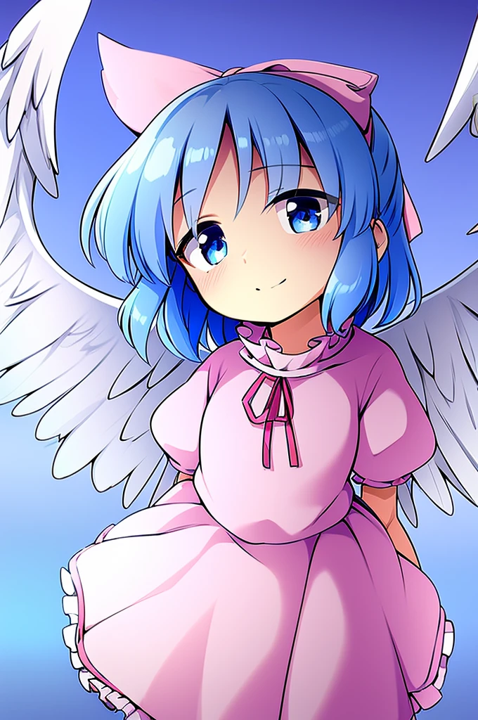 masterpiece, best quality, 1girl, , , , medium blue hair, hair flaps, pink ribbon on head, well-formed face, blue eyes, angel girl, white blouse, puffy short sleeves, red ribbon, angel wings, long white skirt, red shoes, frills, ribbon head