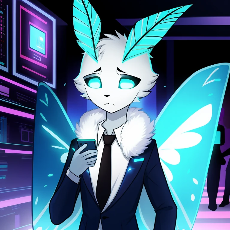 1 anthro moth, with screens for eyes with lines of codes running through them, a very thin body with long arms and legs, wearing a three piece suit and a fur coat, with big bright cyan lunar moth wings, technology, sad expression, pityful expression, tired expression, cyberpunk aesthetic, furry, moth antenna, mothwings, cyberpunk three piece suit, white face glowing antenna, glowing eyes, glowing tie, cute, young looking, teenager, cute face, no hair, full body, open wings, cyan eyes, pitiable expression, mothwings, at a party, messing on his phone