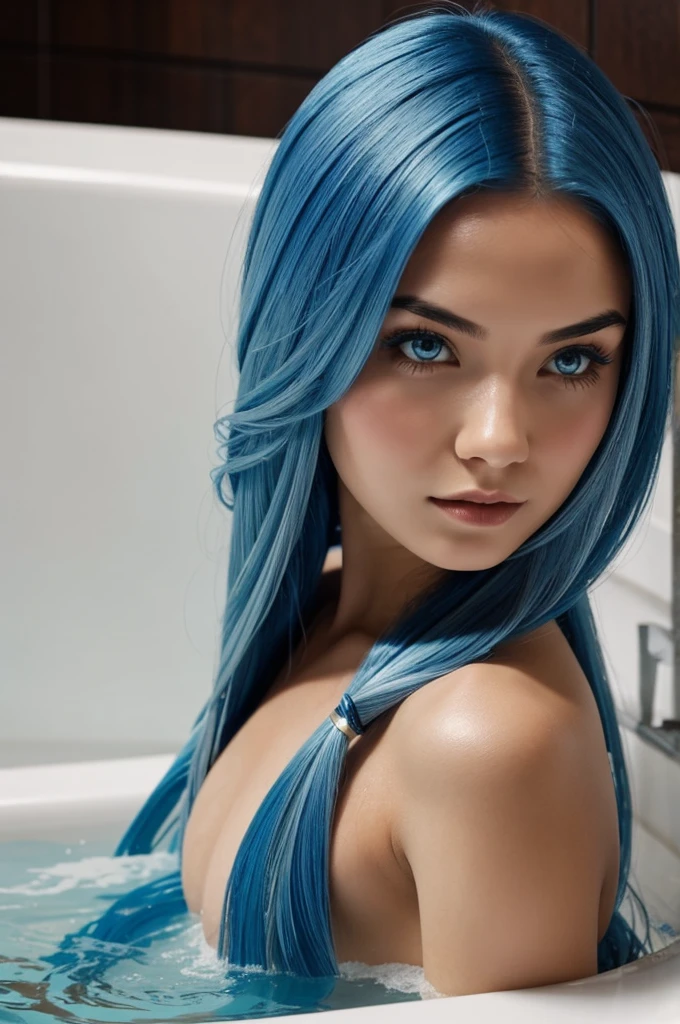 Girl Have long Blue hair in bath 