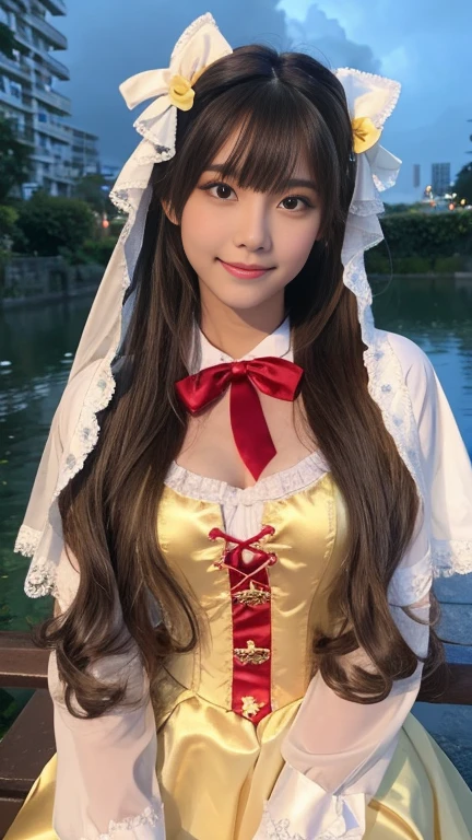 8K, (Ultra HD:1.2), (masterpiece:1.5), 1 Girl, 16 years old,High school student cosplay,Cute face, very beautiful twin tails, fine grain, Small Bust, Baby Doll Costume, (Rainbow color dress costume:1.4), (Retro Filter:1.4), (Fantasy:1.4), (Standing in front of a merry-go-round at night, Under the light:1.5), Airy fluffy soft landscape background, Ultra-realistic, Ultra-high quality cinema lighting, More information, Full HD, Perfect body,smile,150cm,skinny,View your audience,