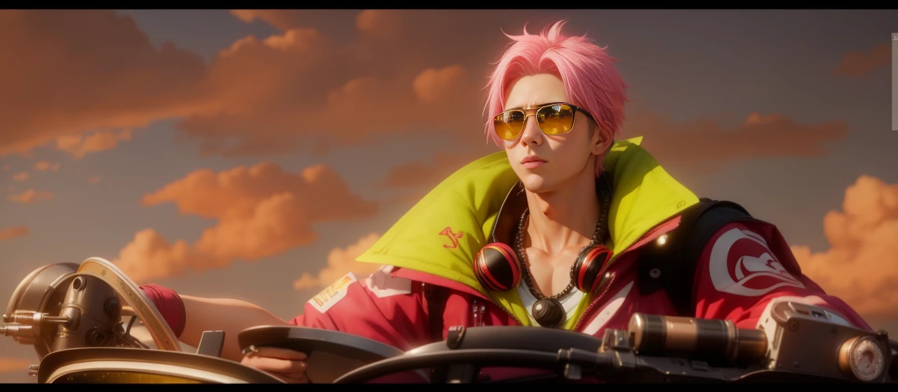 Anime, realistic, 1boy handsome, Korea,pink hair, 4k quality, Wear sunglasses