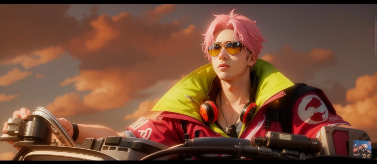 Anime, realistic, 1boy handsome, Korea,pink hair, 4k quality, Wear sunglasses