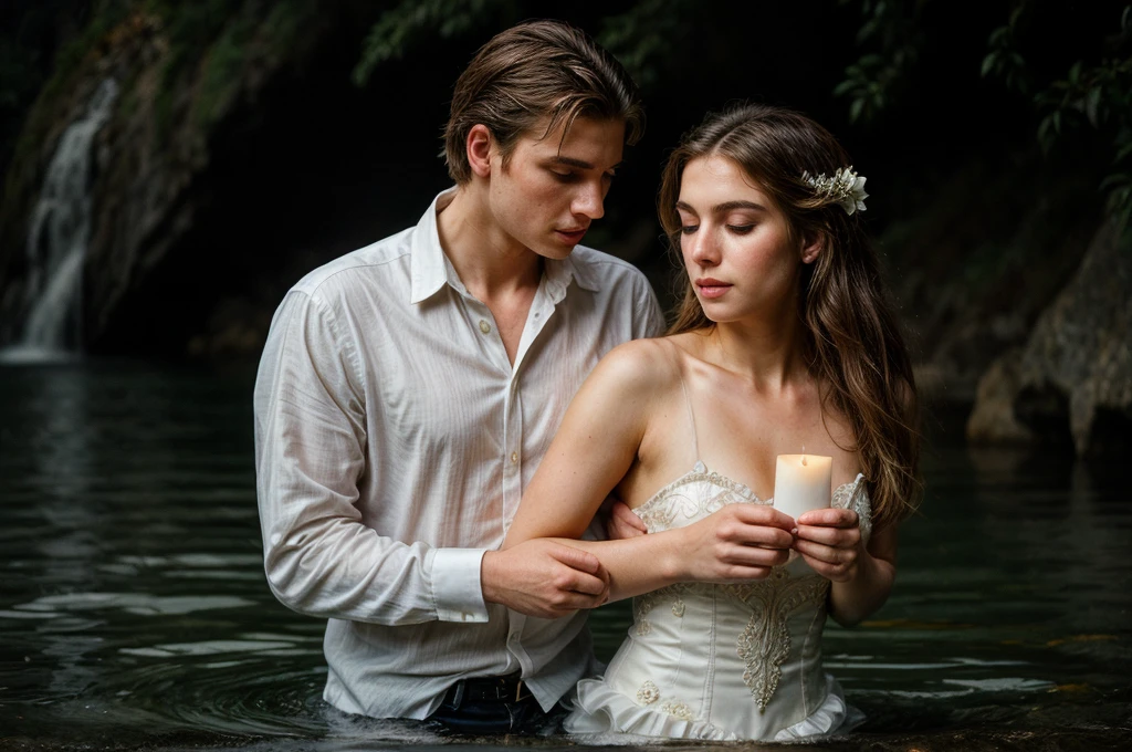 a young white male and young female dressed in formal clothes, dancing waltz in shallow water of a grotto, candles, flower petals, intimate, romantic mood, beautiful detailed eyes, beautiful detailed lips, extremely detailed eyes and face, longeyelashes, elegant ballroom dance, intricate dress, flowing dress, water ripples, mist, dramatic lighting, moody lighting, warm colors, golden hour, soft focus, photorealistic, highly detailed, masterpiece, beautiful faces, detailed faces, nordic faces