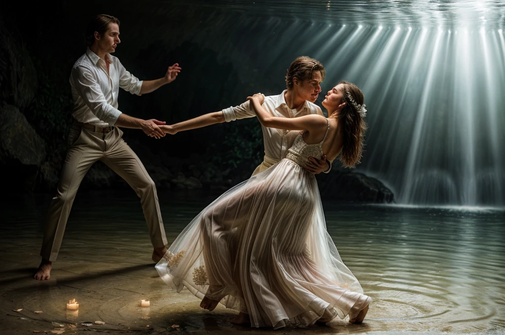 a young white male and young female dressed in formal clothes, dancing waltz in shallow water of a grotto, candles, flower petals, intimate, romantic mood, beautiful detailed eyes, beautiful detailed lips, extremely detailed eyes and face, longeyelashes, elegant ballroom dance, intricate dress, flowing dress, water ripples, mist, dramatic lighting, moody lighting, warm colors, golden hour, soft focus, photorealistic, highly detailed, masterpiece, beautiful faces, detailed faces, nordic faces