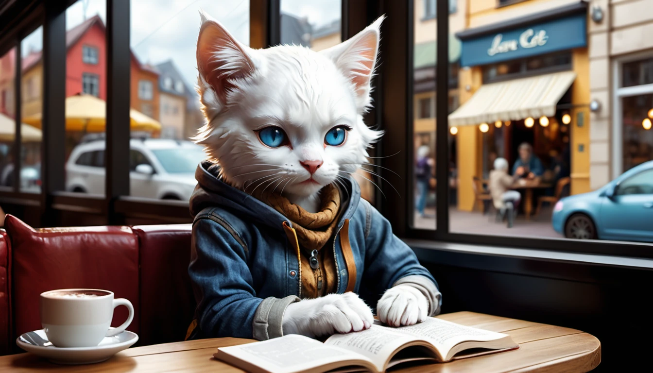 (photo cinematic), (((raining))), anthropomorphic, cute white kitten, casual clothes, sitting by the window in a cafe, drinking hot chocolate, listening to music on headphones, (reading a book), 2D, colorful, warm atmosphere, shiny, Jean-Baptiste Monge style, Alan Lee style