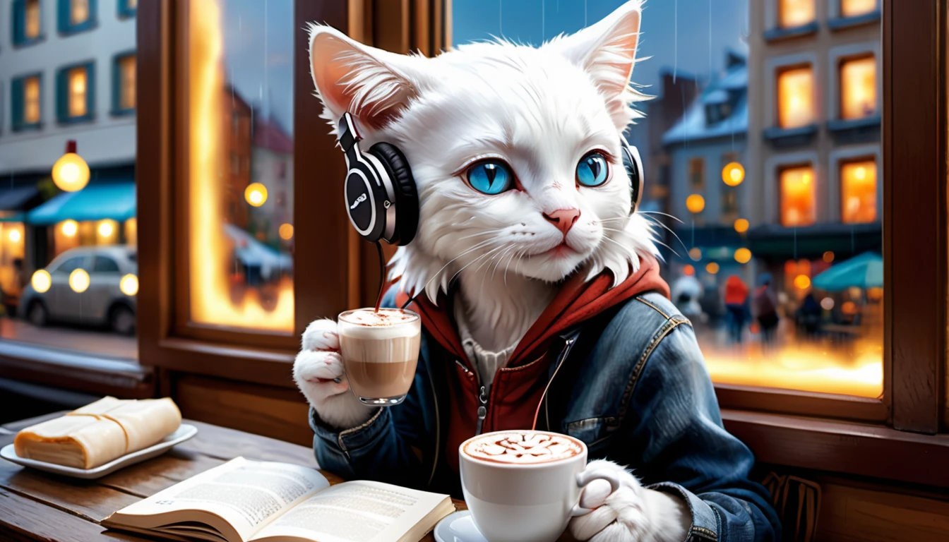 (photo cinematic), (((raining))), anthropomorphic, cute white kitten, casual clothes, sitting by the window in a cafe, drinking hot chocolate, listening to music on headphones, (reading a book), 2D, colorful, warm atmosphere, shiny, Jean-Baptiste Monge style, Alan Lee style