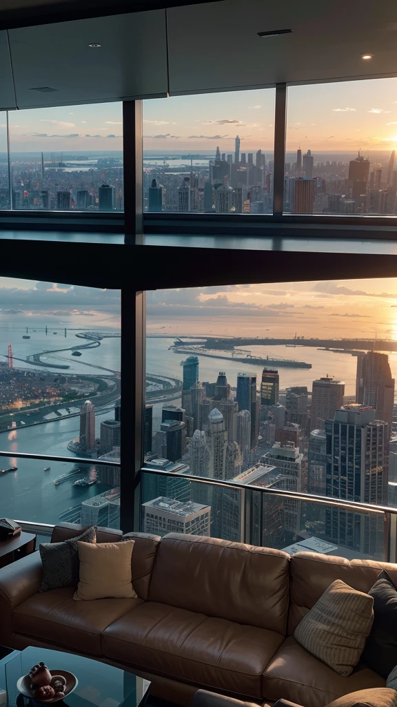 there is a living room with a couch and a coffee table, expansive cinematic view, skyline showing from the windows, luxury condo interior, city apartment, fancy apartment, luxurious environment, living room, inside a grand, highly detailed 8k photography, floor - to - ceiling windows, by Robert Jacobsen, expansive view, city view, overlooking a modern city