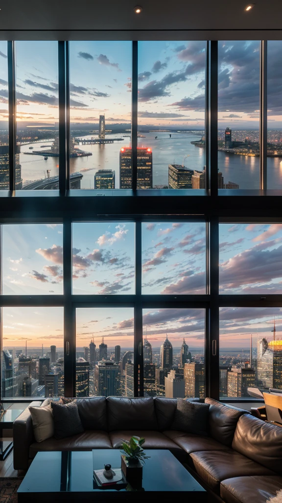 there is a living room with a couch and a coffee table, expansive cinematic view, skyline showing from the windows, luxury condo interior, city apartment, fancy apartment, luxurious environment, living room, inside a grand, highly detailed 8k photography, floor - to - ceiling windows, by Robert Jacobsen, expansive view, city view, overlooking a modern city