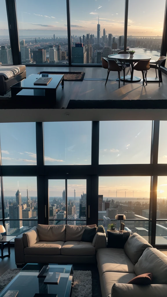 there is a living room with a couch and a coffee table, expansive cinematic view, skyline showing from the windows, luxury condo interior, city apartment, fancy apartment, luxurious environment, living room, inside a grand, highly detailed 8k photography, floor - to - ceiling windows, by Robert Jacobsen, expansive view, city view, overlooking a modern city