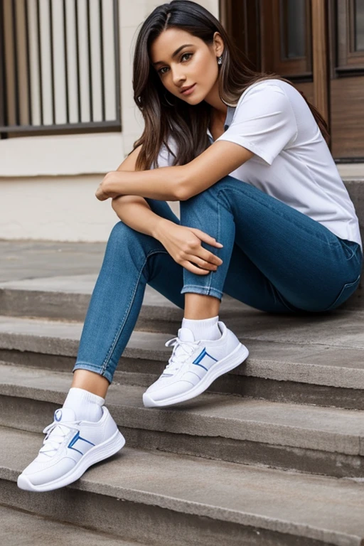 The beauty is sitting with her legs crossed, wearing trousers, sneakers and white socks, revealing her ankles and heels. She is wearing white socks