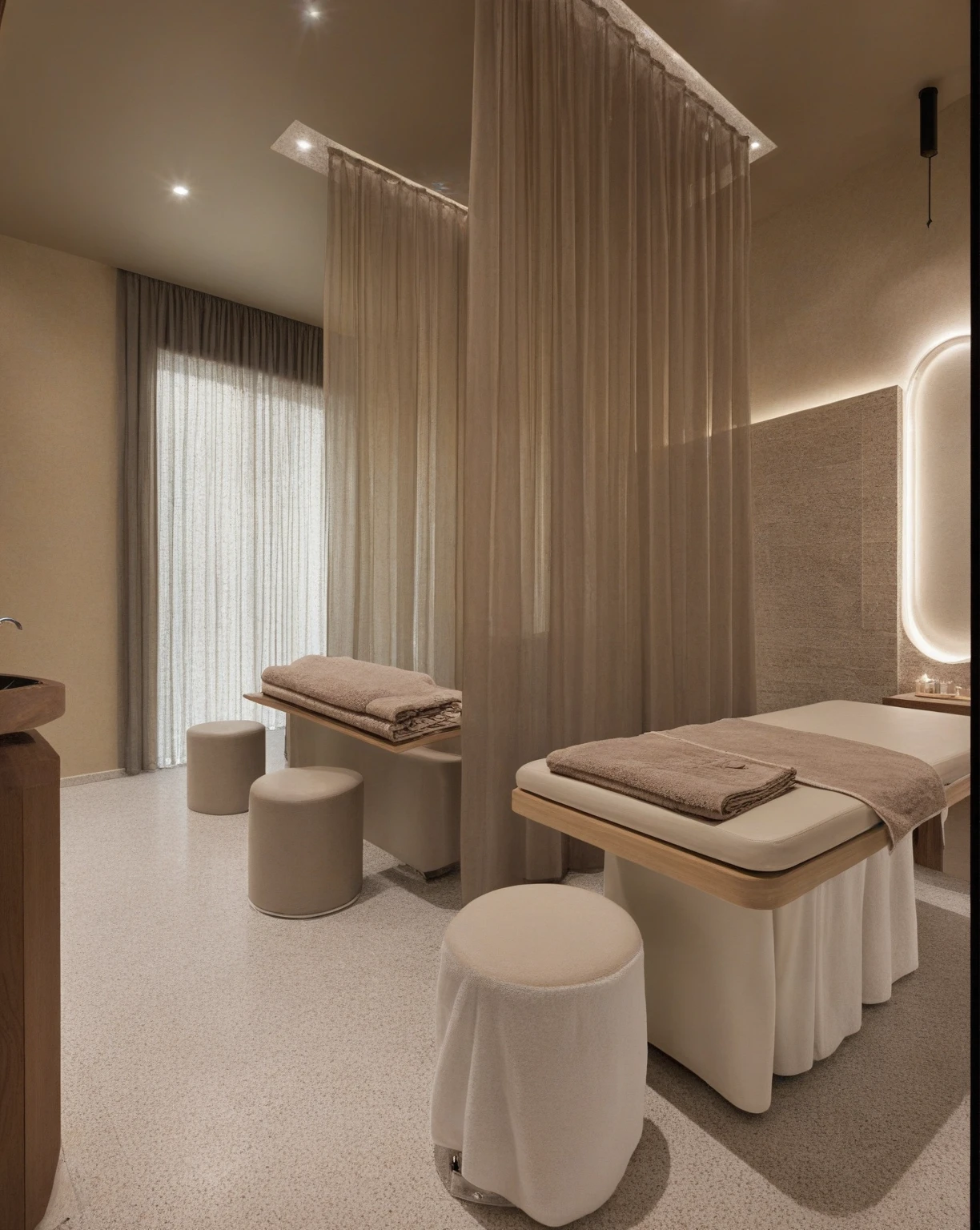 ((spa treatment room)) , ((best quality)),((masterpiece)),((realistic)), indoors, chair, table, photorealistic, authentic, indoor scenery, highly detailed, wood, ceiling star light, towel, curtains, glass, lamp,