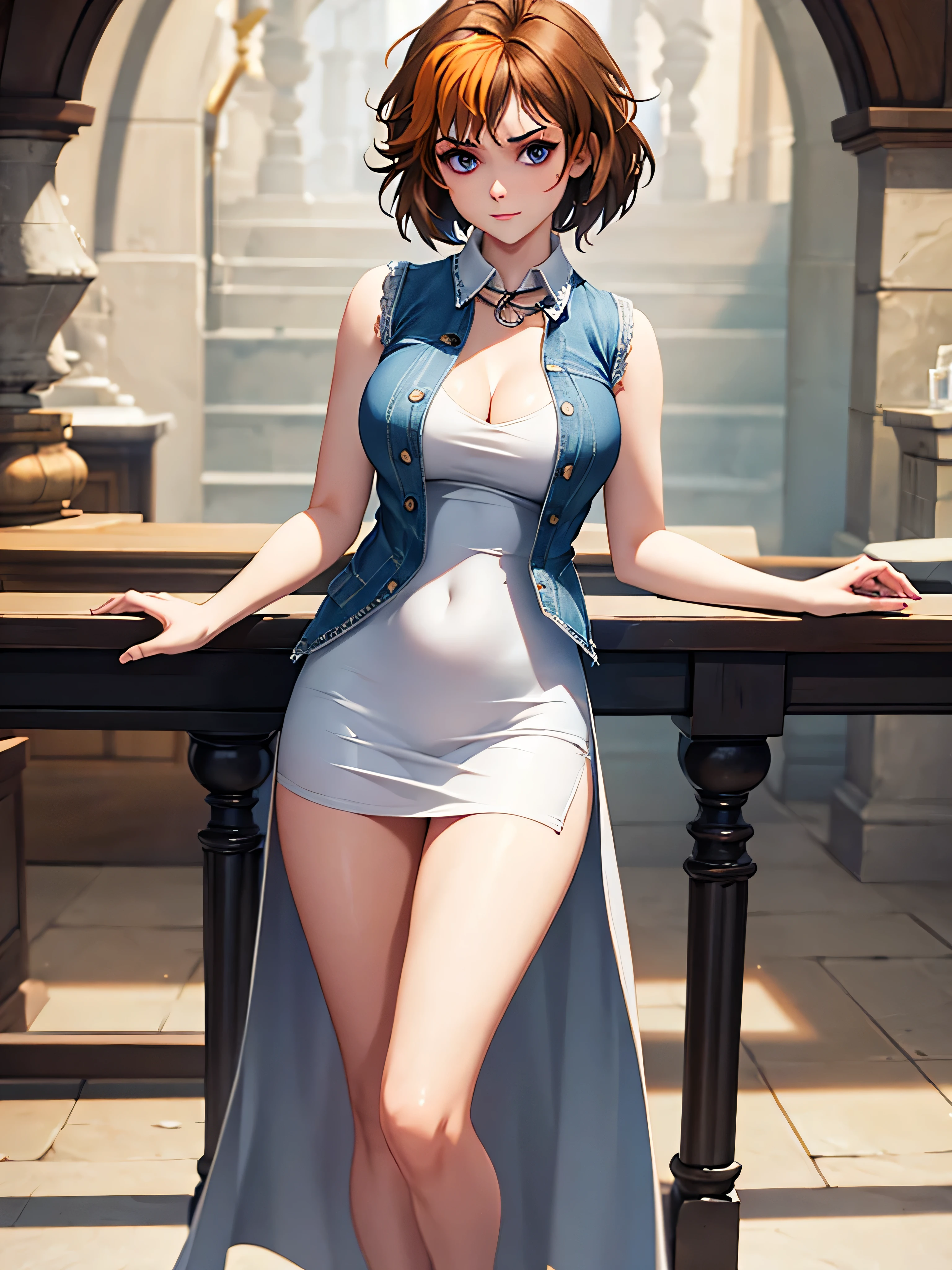 wearing a white dress and a denim vest,  merula, full body, thighs, solo girl, medium tits