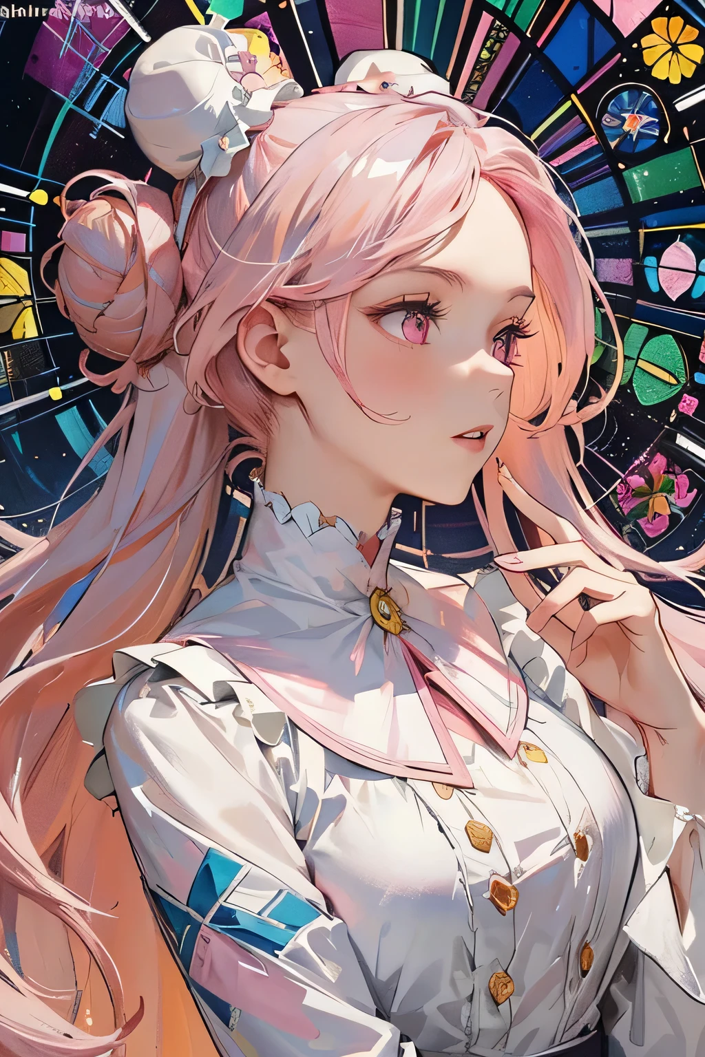 (masterpiece, Highest quality), 8K,(((Very detailed))), race:1.8,Super intricate race pattern,colorful race pattern,Stained Glass Background, kaleidoscope,light up, 1 female,Open Back,Top Bust:1.5,(Hair Ribbon:0.4), Pink Eyes,(((White bun hair))),(((Long pink hair))),