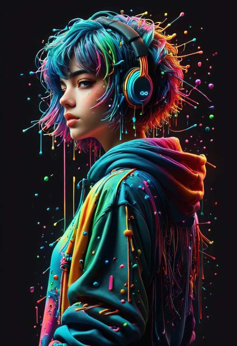 anime artwork vaporwave neonpunk style, cyberspace dj club, augmented reality street artist, wearing a holographic hoodie, from the sides and from the side, earbuds, short hair with neon cut, neon rim lighting, takeout, ink spatter, colorfully . retro aesthetic, cyber punk, Vibrant, neon colors, 80s and 90s vintage style, highy detailed, . anime styling, chave visual, Vibrant, studio anime, highy detailed, com tesxto "GOOD VIBE"
