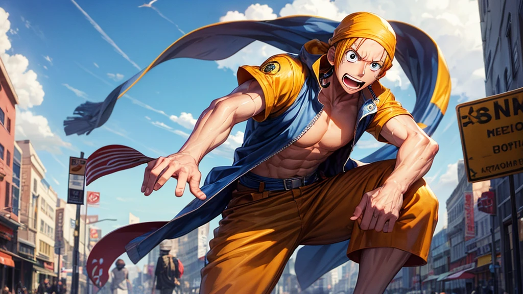 Usopp from one piece standing in the street